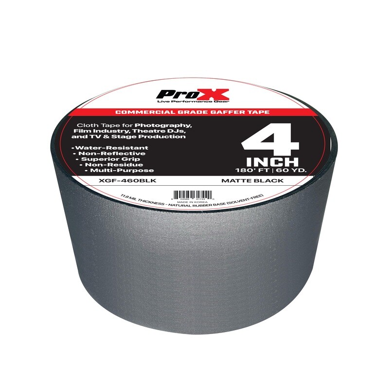 [XGF-460BLK] ProX XGF-460BLK 4 Inch 180FT 60YD Matte Black Commercial Grade Gaffer Tape Pros Choice Non-Residue